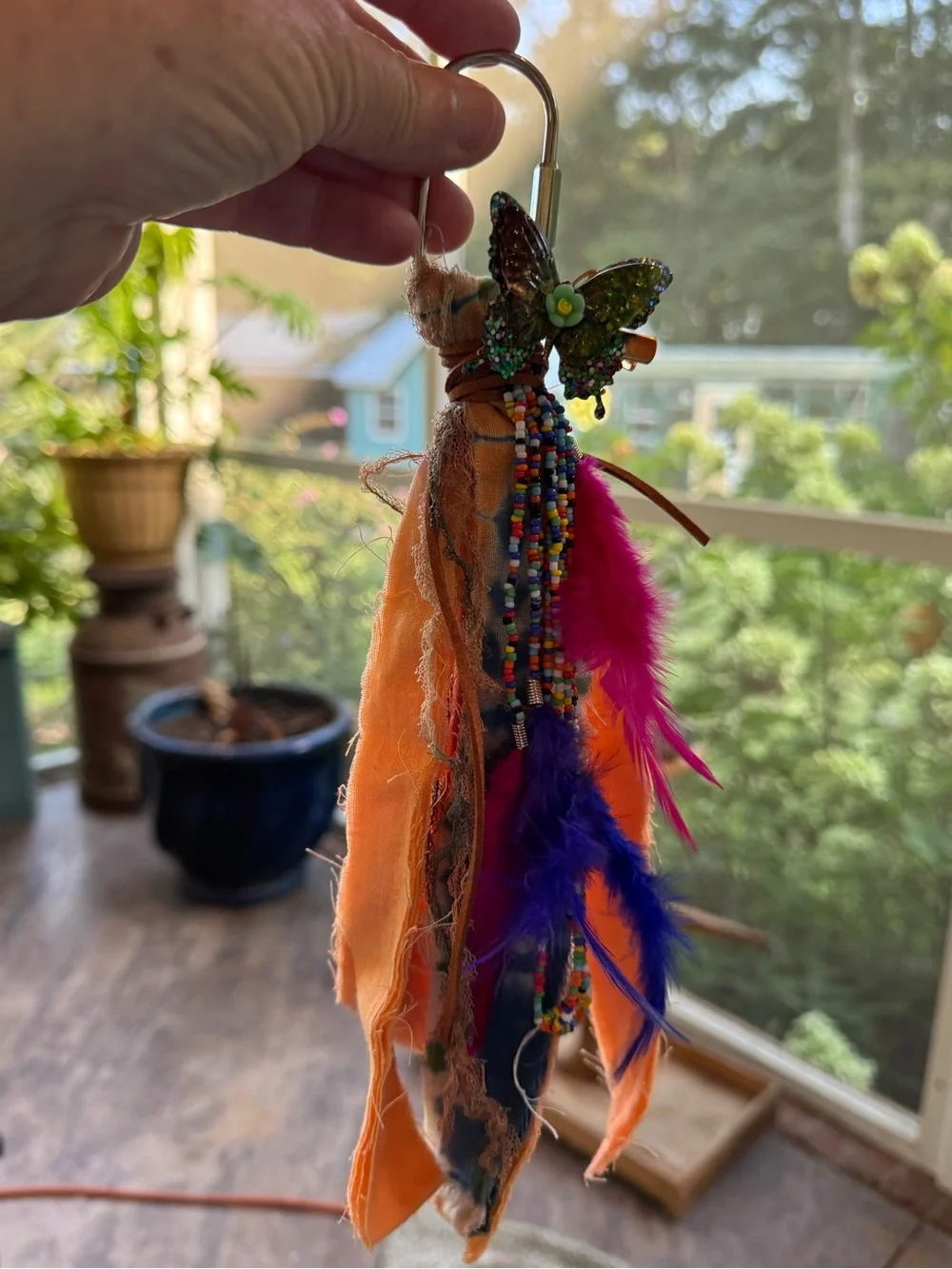 Boho Feather & Fabric Keychain Charm in Orange and Blue